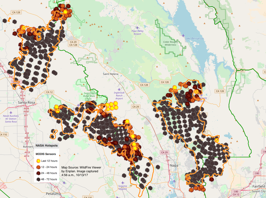 Right-click map to view a larger image.Map Source: WildFire Viewer by Enplan. Image captured 4:56 a.m., 10/13/17